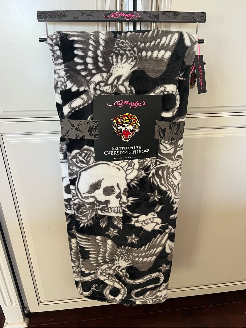 Ed Hardy Black Plush Oversized Throw Blanket with Skull Graphic
